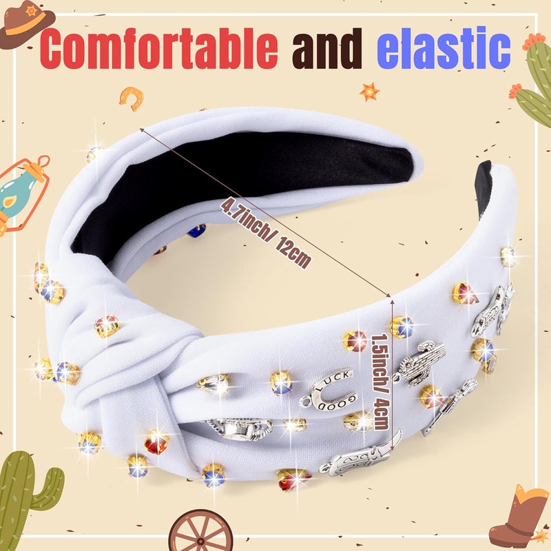 PANTIDE Western Jeweled Knotted Headband - Cowgirl Boots Guitar Cactus Rhinestone Crystal Embellished Headband Wide Top Knot Fashion Hairband Hair Accessories Birthday Gift for Women Girls (White) - Image 2